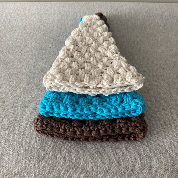Handmade Crochet White Blue Brown Holiday Christmas Tree Covers Decor Set of 3 - Picture 3 of 8